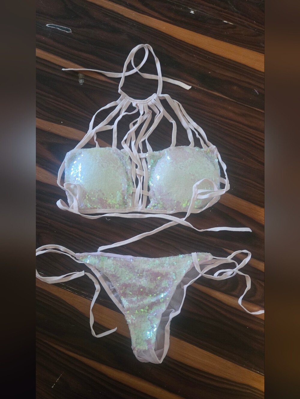 Sequin Tie-Side Bikini Set in Iridescent White